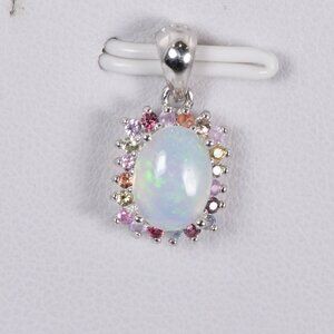 925 Halo Cushion Natural Ethopian Opal w Natural Sapphire Pendant